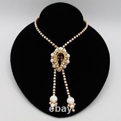 Vtg White Milk Glass & Rhinestone Lariat Pendant Necklace Bracelet Earring Set