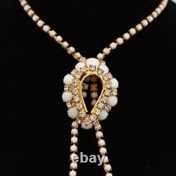 Vtg White Milk Glass & Rhinestone Lariat Pendant Necklace Bracelet Earring Set