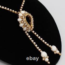 Vtg White Milk Glass & Rhinestone Lariat Pendant Necklace Bracelet Earring Set