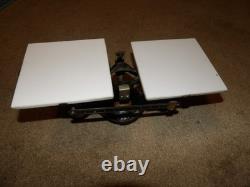 Vtg rare antique APOTHECARY table top scale Ohaus, Withwhite milk glass trays