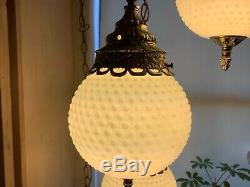 Vtg triple White globe Hobnail Milk Glass Hanging Swag Lamp Light Mid Century