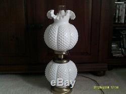 Vtg white hobnail Gone with the wind hurricane milk glass table lamps globe Fent