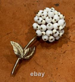 WHITE MILK GLASS SNOWBALL BEADED CLUSTER DIMENSIONAL FLOWER 2.75 Pin Brooch MCM