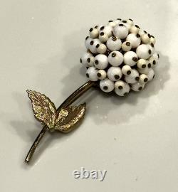 WHITE MILK GLASS SNOWBALL BEADED CLUSTER DIMENSIONAL FLOWER 2.75 Pin Brooch MCM