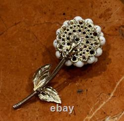 WHITE MILK GLASS SNOWBALL BEADED CLUSTER DIMENSIONAL FLOWER 2.75 Pin Brooch MCM