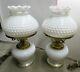 Working Vintage Pair Of Hurricane Hobnail Milk Glass Table Lamp 15 1/2 Tall
