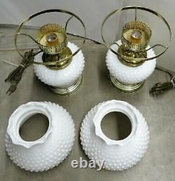 WORKING Vintage PAIR OF Hurricane Hobnail Milk Glass Table Lamp 15 1/2 tall