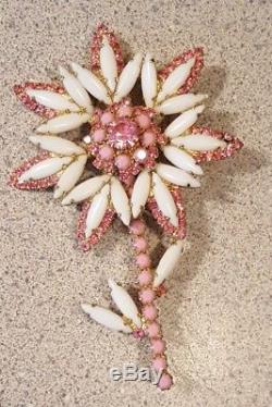 Weiss Signed Milk Glass White & Pink Flower Brooch Pin Big and Beautful WOW