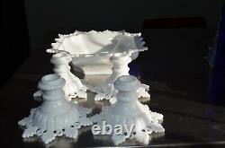 Westmoreland Cake plate, Milk Glass Lacy Ring and Petal Bowl, +4 candlesticks