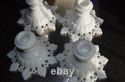 Westmoreland Cake plate, Milk Glass Lacy Ring and Petal Bowl, +4 candlesticks