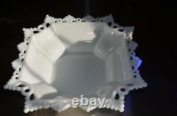 Westmoreland Cake plate, Milk Glass Lacy Ring and Petal Bowl, +4 candlesticks