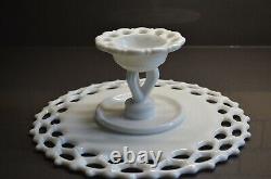 Westmoreland Cake plate, Milk Glass Lacy Ring and Petal Bowl, +4 candlesticks