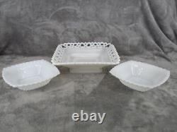 Westmoreland Doric Lace Pedestal Bowl & 2 Candy Dish Square Milk Glass 3 Piece