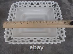 Westmoreland Doric Lace Pedestal Bowl & 2 Candy Dish Square Milk Glass 3 Piece