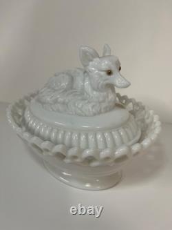 Westmoreland Fox on Lace Edge Nest, Glass Eyes Original NOS Label Milk Glass