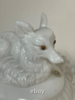 Westmoreland Fox on Lace Edge Nest, Glass Eyes Original NOS Label Milk Glass
