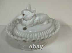 Westmoreland Fox on Lace Edge Nest, Glass Eyes Original NOS Label Milk Glass