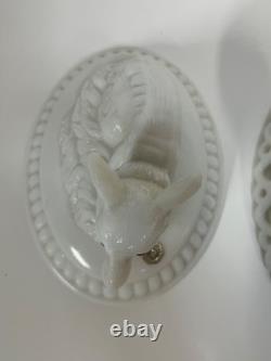 Westmoreland Fox on Lace Edge Nest, Glass Eyes Original NOS Label Milk Glass