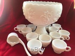 Westmoreland Fruits Milk Glass Punch Bowl Set with 12 Cups and Ladle