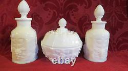 Westmoreland Glass Paneled Grape Perfume Bottles & Puff Box Vanity Dresser Set