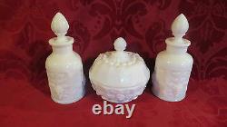 Westmoreland Glass Paneled Grape Perfume Bottles & Puff Box Vanity Dresser Set