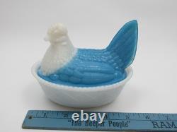 Westmoreland Hen on Nest Blue Milk Glass White Head Covered Dish