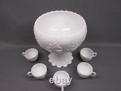 Westmoreland MILK GLASS Fruit Pattern PUNCH BOWL SET 5 cups pedestal bowl
