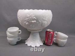 Westmoreland MILK GLASS Fruit Pattern PUNCH BOWL SET 5 cups pedestal bowl