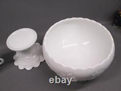 Westmoreland MILK GLASS Fruit Pattern PUNCH BOWL SET 5 cups pedestal bowl