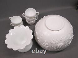 Westmoreland MILK GLASS Fruit Pattern PUNCH BOWL SET 5 cups pedestal bowl