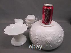 Westmoreland MILK GLASS Fruit Pattern PUNCH BOWL SET 5 cups pedestal bowl