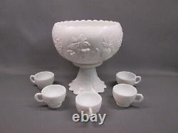 Westmoreland MILK GLASS Fruit Pattern PUNCH BOWL SET 5 cups pedestal bowl