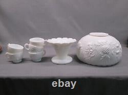 Westmoreland MILK GLASS Fruit Pattern PUNCH BOWL SET 5 cups pedestal bowl