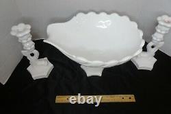 Westmoreland Milk Glass Dolphin (Koi) Candlestick Holders & Large Shell Compote