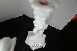 Westmoreland Milk Glass Dolphin (Koi) Candlestick Holders & Large Shell Compote