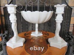 Westmoreland Milk Glass Dolphin Koi Fish 13 Shell Bowl & 9 Candle Holder Pair