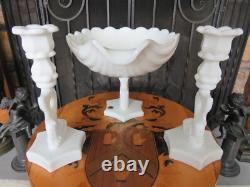 Westmoreland Milk Glass Dolphin Koi Fish 13 Shell Bowl & 9 Candle Holder Pair