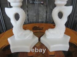 Westmoreland Milk Glass Dolphin Koi Fish 13 Shell Bowl & 9 Candle Holder Pair
