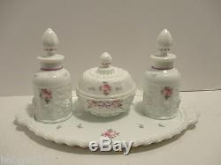 Westmoreland Milk Glass Dresser Vanity Set Paneled Grape Perfume Powder Box Tray