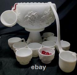 Westmoreland Milk Glass Fruits punch bowl set base ladle 10 cups hooks vintage