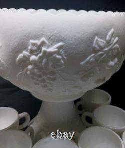 Westmoreland Milk Glass Fruits punch bowl set base ladle 10 cups hooks vintage