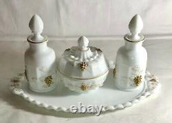 Westmoreland Milk Glass Gold Decorated Paneled Grape 4 Piece Dresser Set