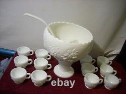 Westmoreland Milk Glass Grape Pinapple Punch Set with 12 Cups, Ladle and pedestal