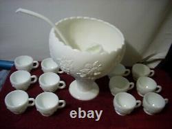 Westmoreland Milk Glass Grape Pinapple Punch Set with 12 Cups, Ladle and pedestal