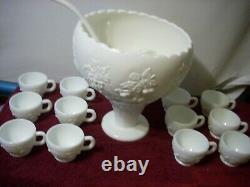 Westmoreland Milk Glass Grape Pinapple Punch Set with 12 Cups, Ladle and pedestal