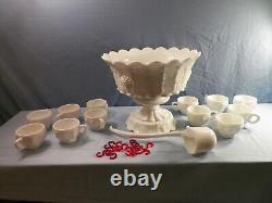 Westmoreland Milk Glass Paneled Grape Punch Bowl Set Bowl Stand Ladle 12 Cups