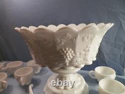 Westmoreland Milk Glass Paneled Grape Punch Bowl Set Bowl Stand Ladle 12 Cups