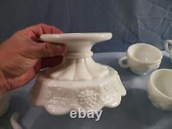 Westmoreland Milk Glass Paneled Grape Punch Bowl Set Bowl Stand Ladle 12 Cups