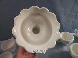 Westmoreland Milk Glass Paneled Grape Punch Bowl Set Bowl Stand Ladle 12 Cups