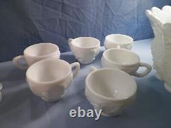 Westmoreland Milk Glass Paneled Grape Punch Bowl Set Bowl Stand Ladle 12 Cups